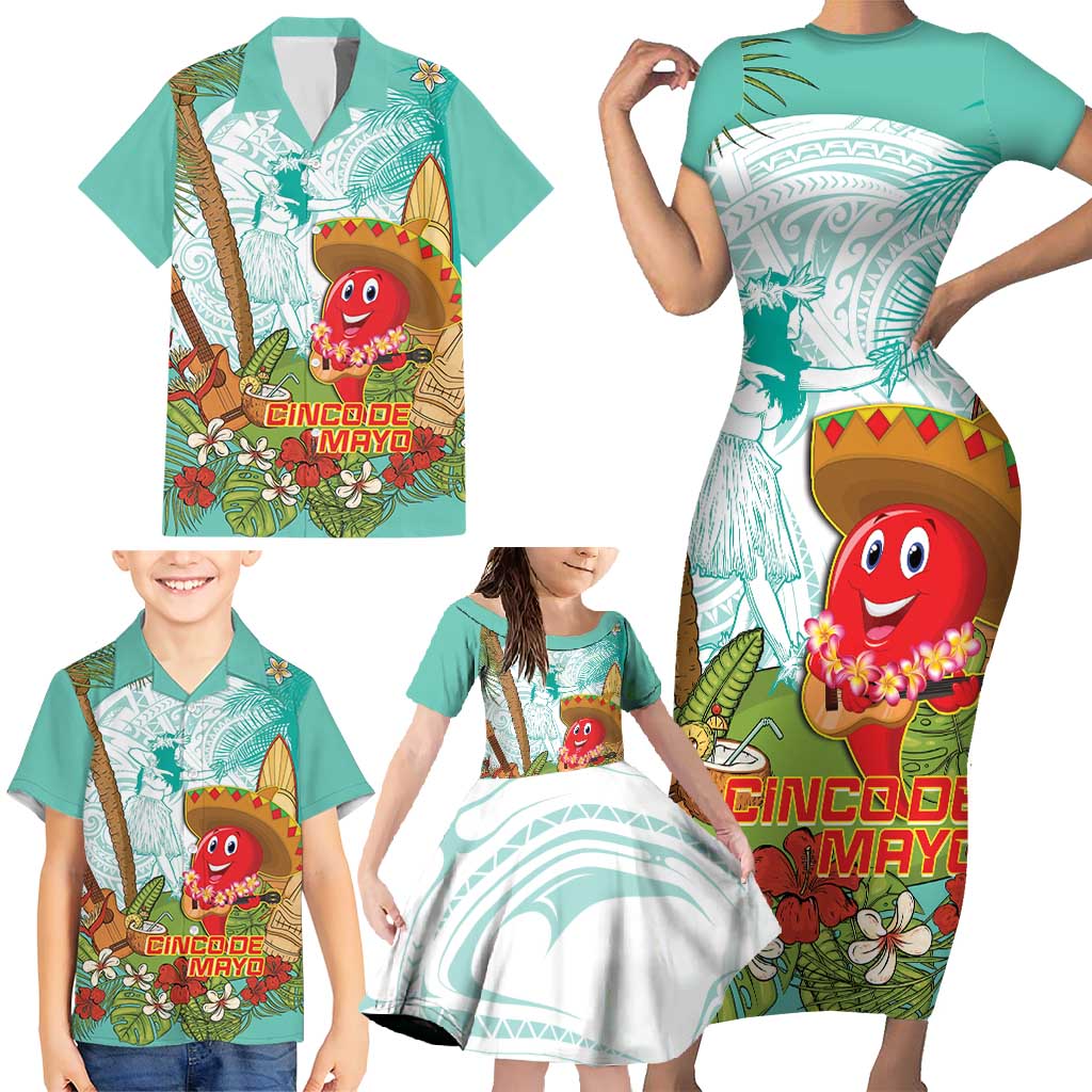 Hawaii Cinco de Mayo Family Matching Short Sleeve Bodycon Dress and Hawaiian Shirt Chili Pepper Hula Girl Tropical Vibes
