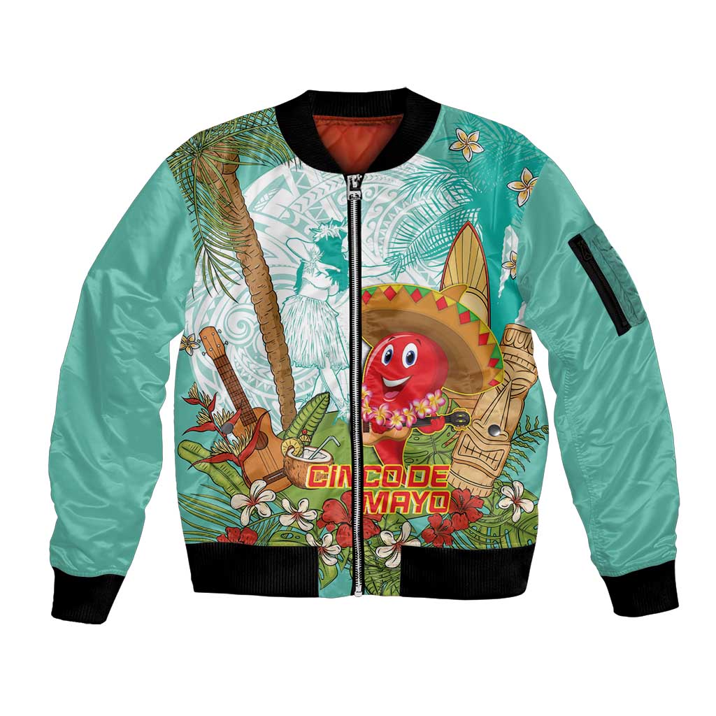 Hawaii Cinco de Mayo Sleeve Zip Bomber Jacket Chili Pepper Hula Girl Tropical Vibes