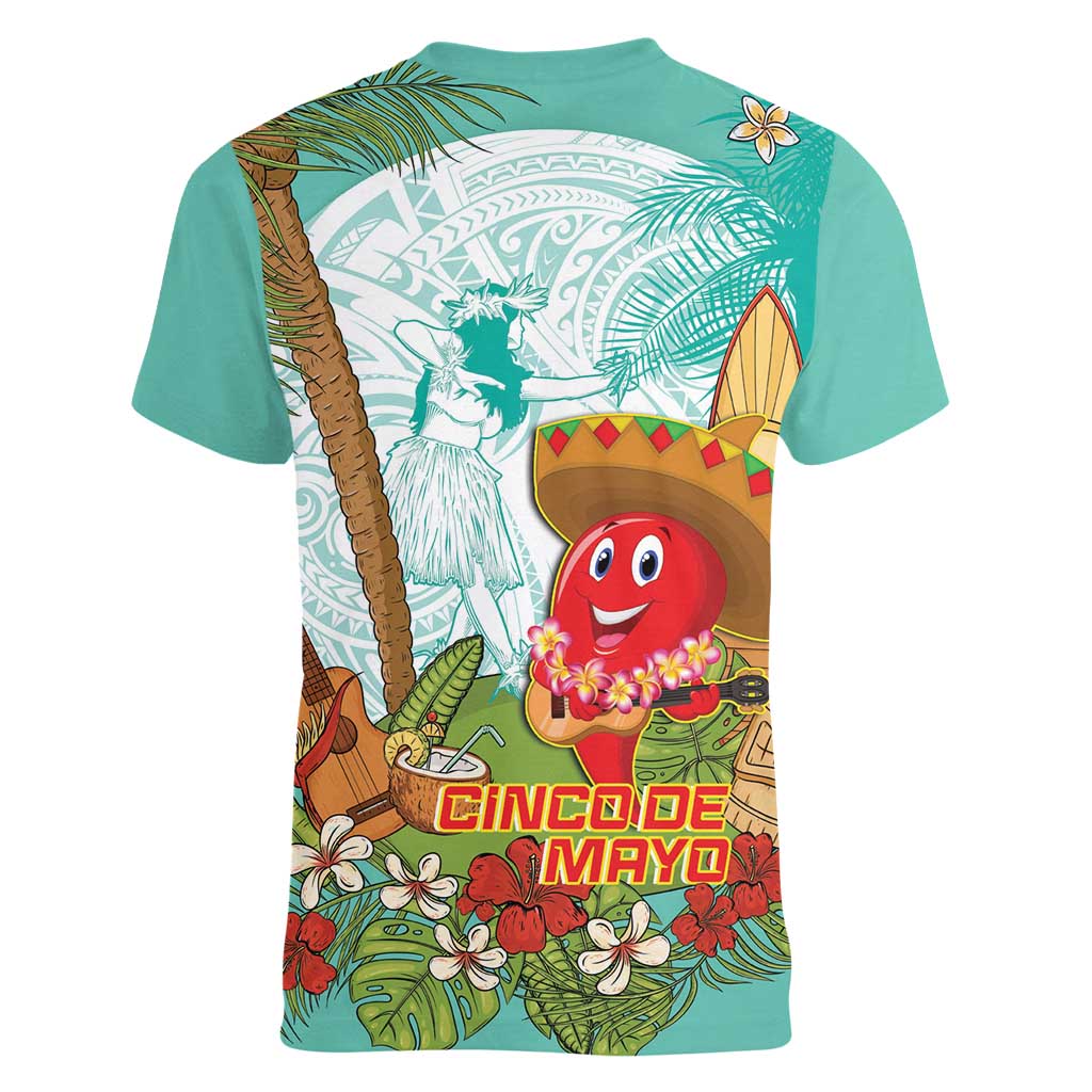 Hawaii Cinco de Mayo Women V-Neck T-Shirt Chili Pepper Hula Girl Tropical Vibes