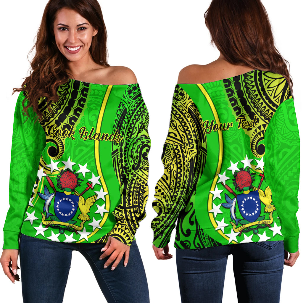 Personalised Cook Islands Off Shoulder Sweater Kuki Airani Coat Of Arms LT14 Women Green - Polynesian Pride