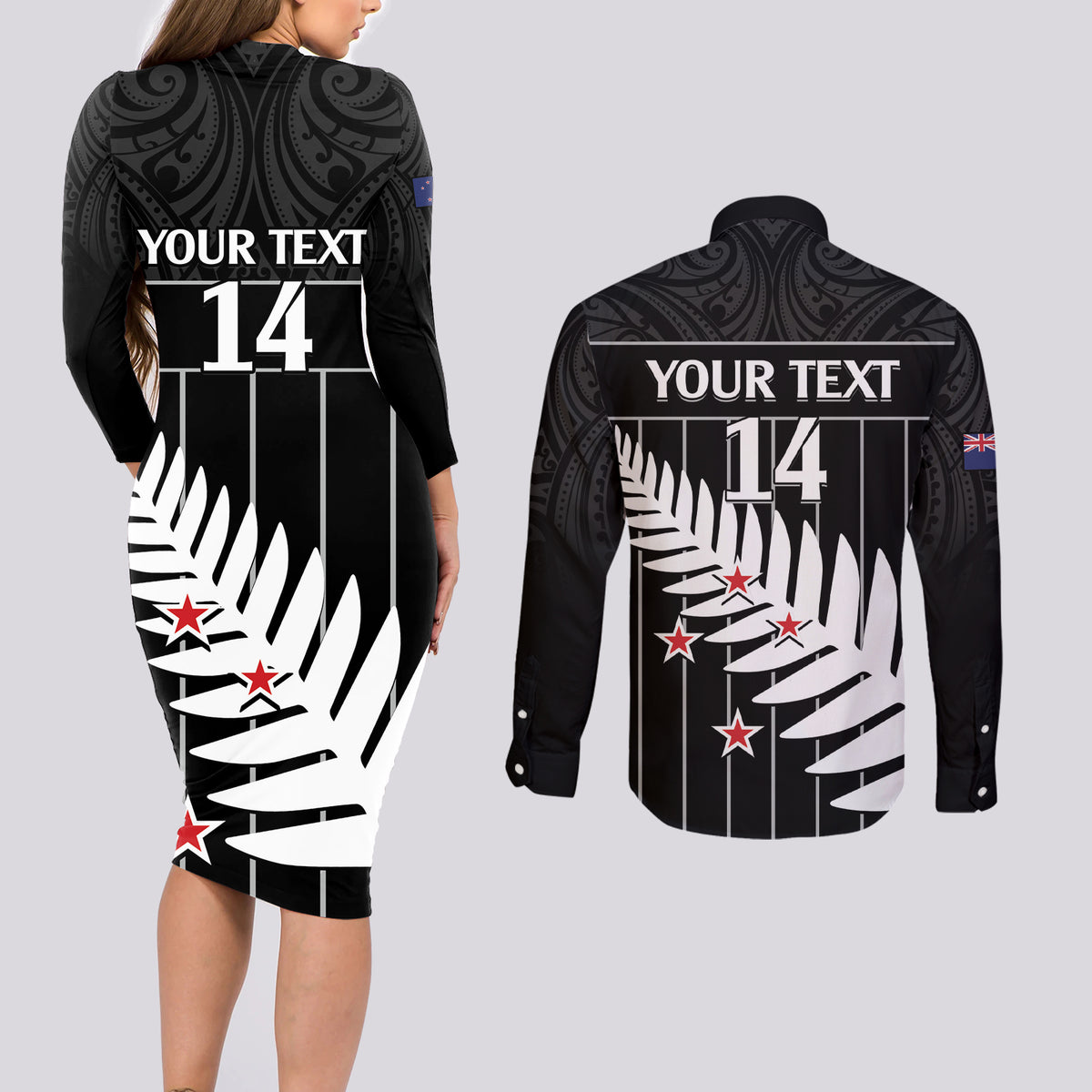 Custom New Zealand Silver Fern Cricket Couples Matching Long Sleeve Bodycon Dress and Long Sleeve Button Shirt Aotearoa Maori Go Black Cap