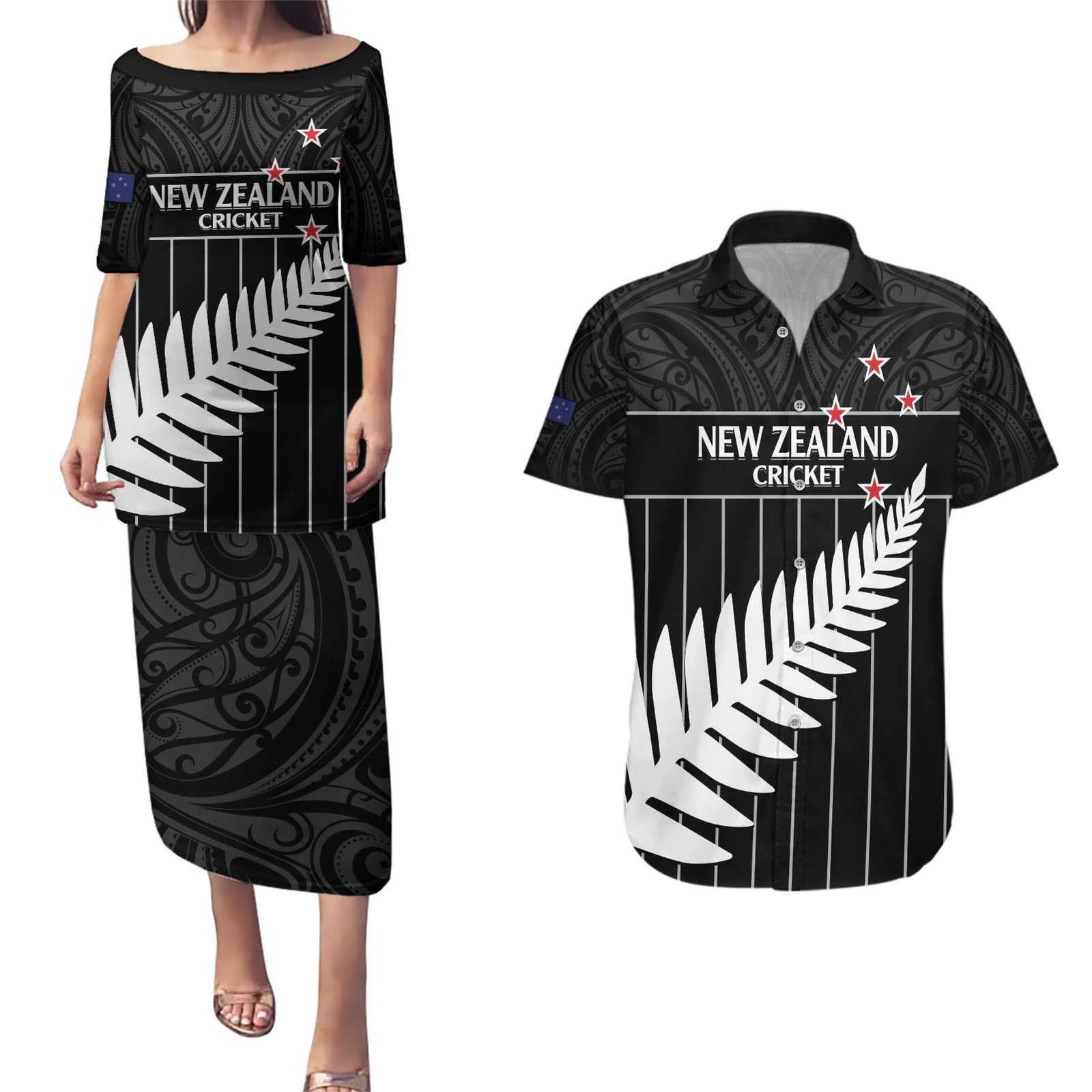 Custom New Zealand Silver Fern Cricket Couples Matching Puletasi and Hawaiian Shirt Aotearoa Maori Go Black Cap LT14 Black - Polynesian Pride