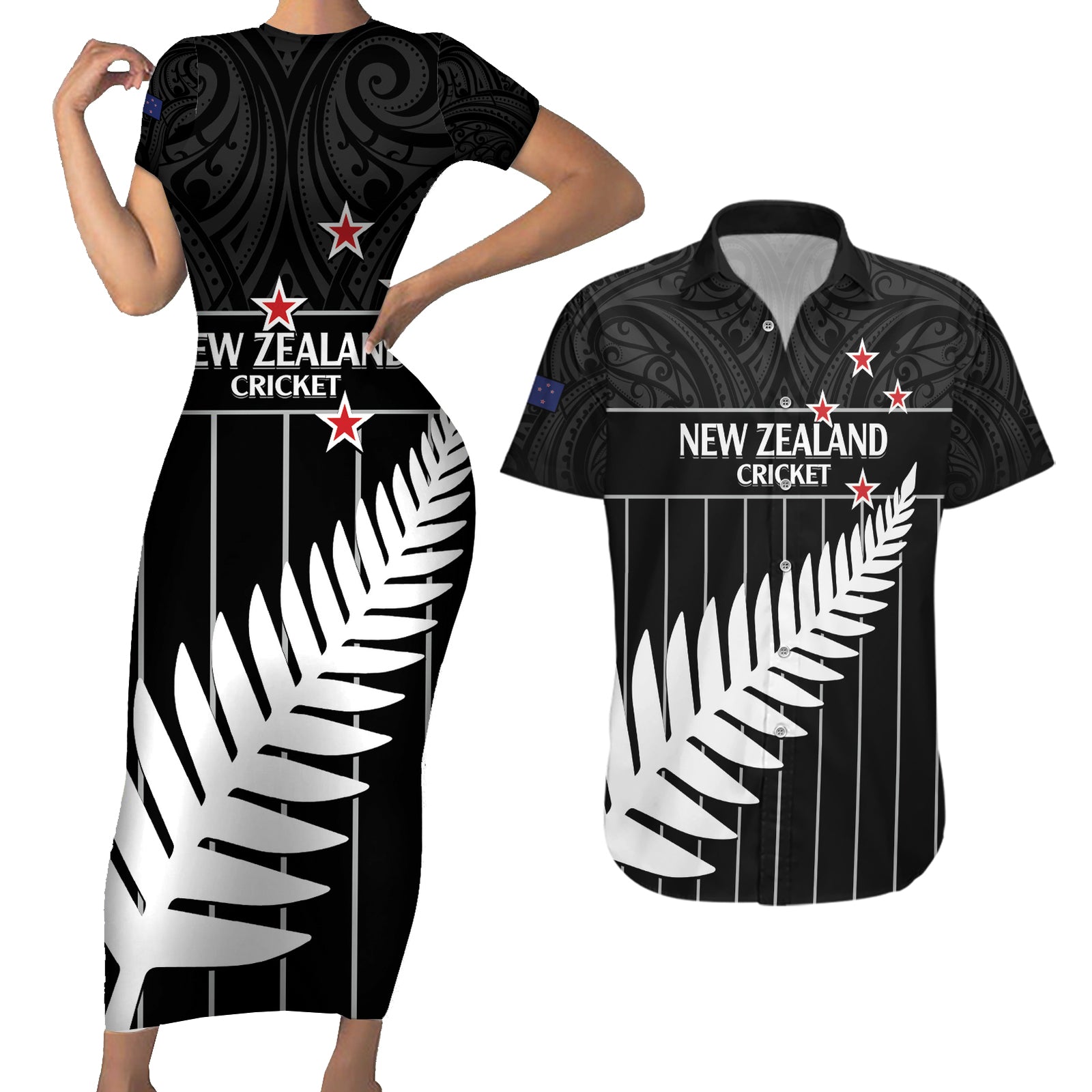 Custom New Zealand Silver Fern Cricket Couples Matching Short Sleeve Bodycon Dress and Hawaiian Shirt Aotearoa Maori Go Black Cap LT14 Black - Polynesian Pride