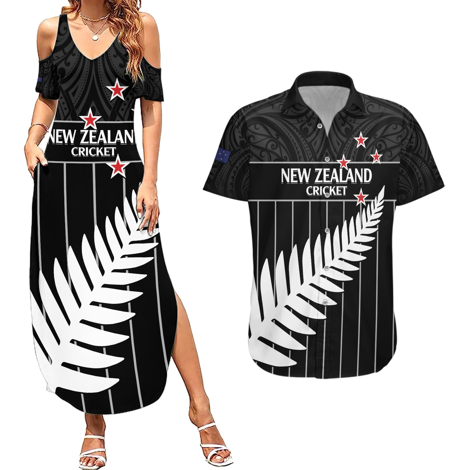 Custom New Zealand Silver Fern Cricket Couples Matching Summer Maxi Dress and Hawaiian Shirt Aotearoa Maori Go Black Cap