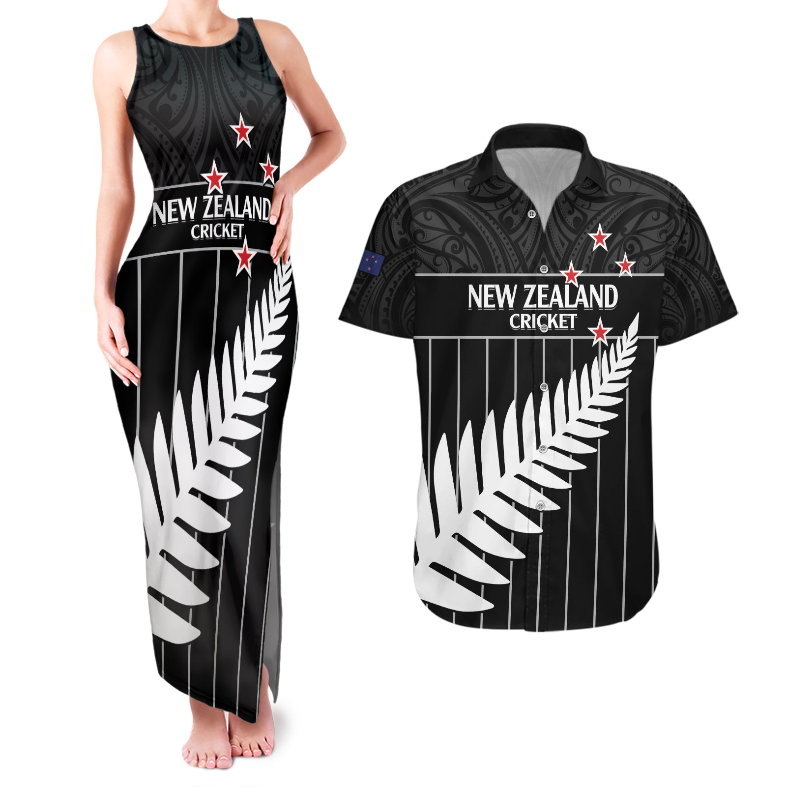 Custom New Zealand Silver Fern Cricket Couples Matching Tank Maxi Dress and Hawaiian Shirt Aotearoa Maori Go Black Cap