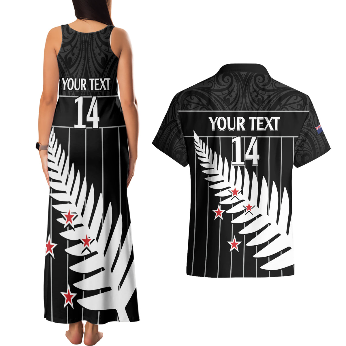 Custom New Zealand Silver Fern Cricket Couples Matching Tank Maxi Dress and Hawaiian Shirt Aotearoa Maori Go Black Cap