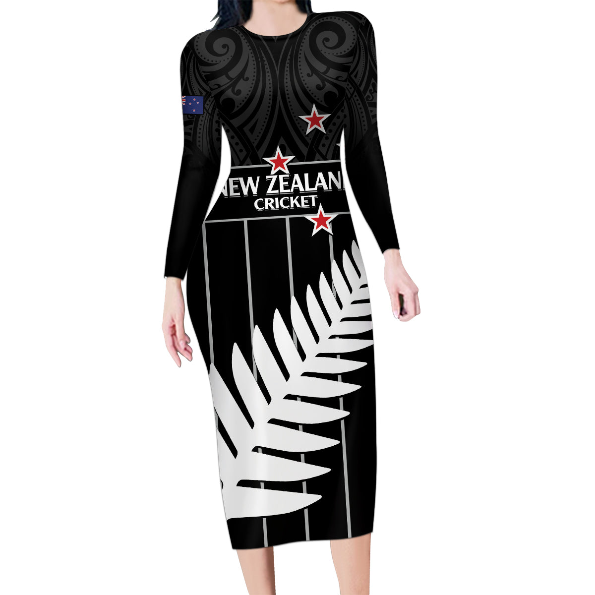 Custom New Zealand Silver Fern Cricket Family Matching Long Sleeve Bodycon Dress and Hawaiian Shirt Aotearoa Maori Go Black Cap