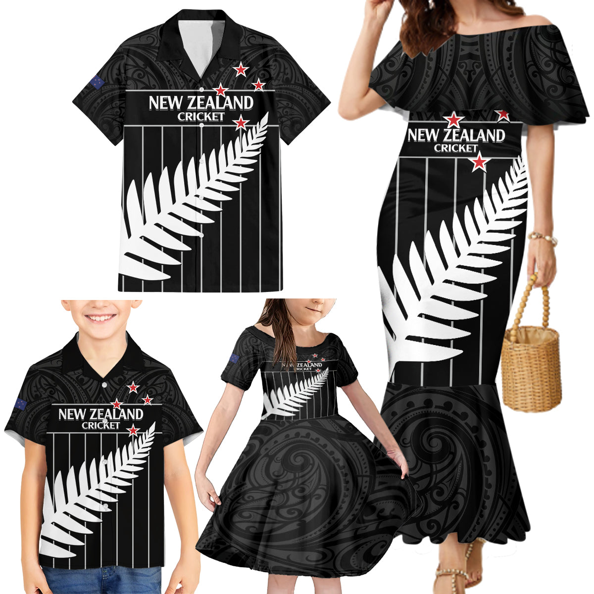 Custom New Zealand Silver Fern Cricket Family Matching Mermaid Dress and Hawaiian Shirt Aotearoa Maori Go Black Cap