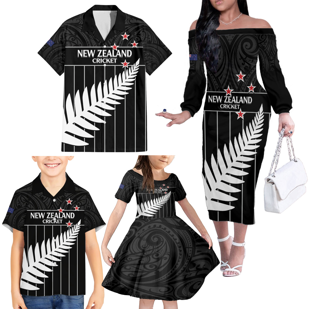 Custom New Zealand Silver Fern Cricket Family Matching Off The Shoulder Long Sleeve Dress and Hawaiian Shirt Aotearoa Maori Go Black Cap