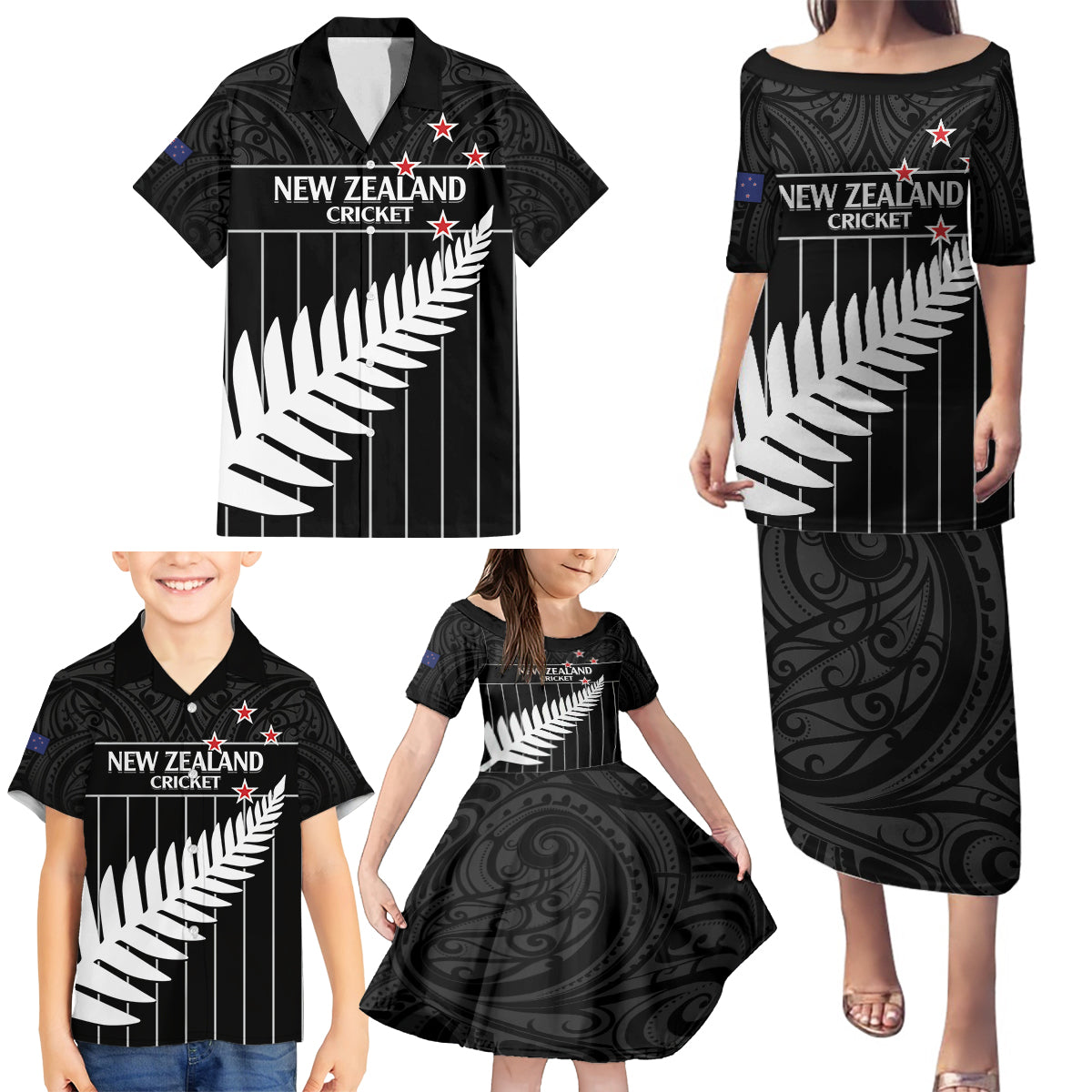 Custom New Zealand Silver Fern Cricket Family Matching Puletasi and Hawaiian Shirt Aotearoa Maori Go Black Cap LT14 - Polynesian Pride