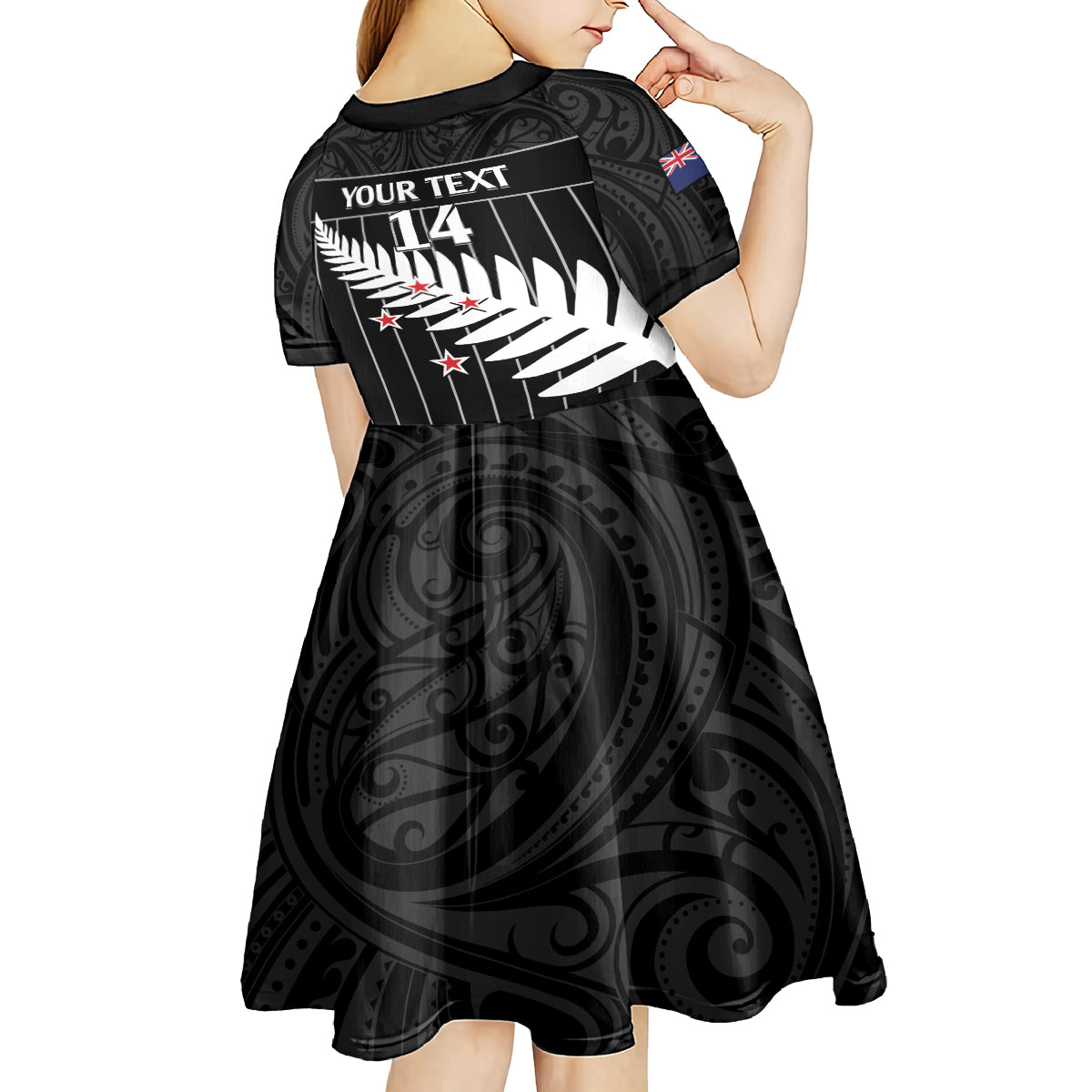 Custom New Zealand Silver Fern Cricket Kid Short Sleeve Dress Aotearoa Maori Go Black Cap