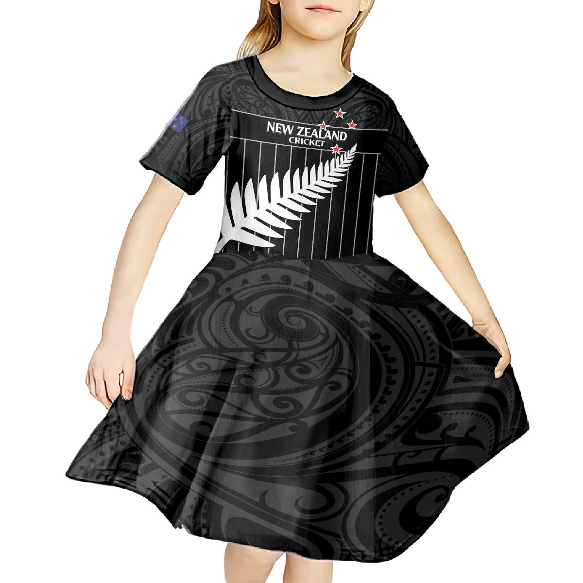 Custom New Zealand Silver Fern Cricket Kid Short Sleeve Dress Aotearoa Maori Go Black Cap