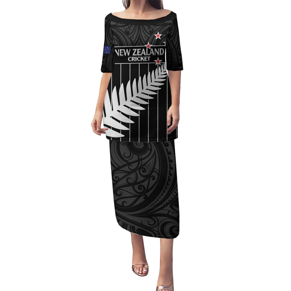 Custom New Zealand Silver Fern Cricket Puletasi Aotearoa Maori Go Black Cap LT14 Long Dress Black - Polynesian Pride