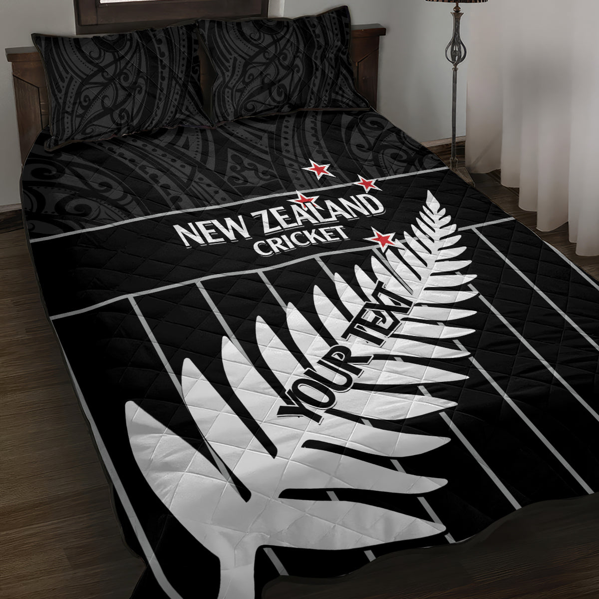 Custom New Zealand Silver Fern Cricket Quilt Bed Set Aotearoa Maori Go Black Cap