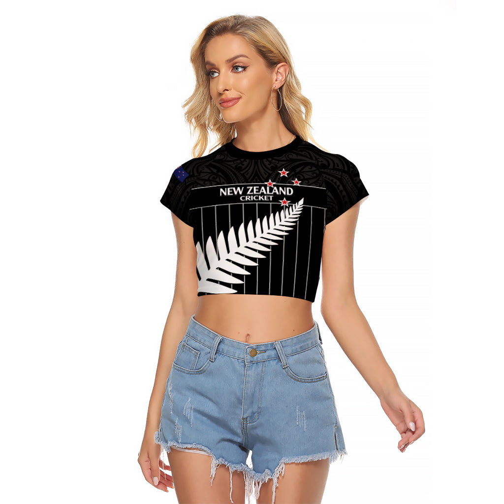 Custom New Zealand Silver Fern Cricket Raglan Cropped T Shirt Aotearoa Maori Go Black Cap