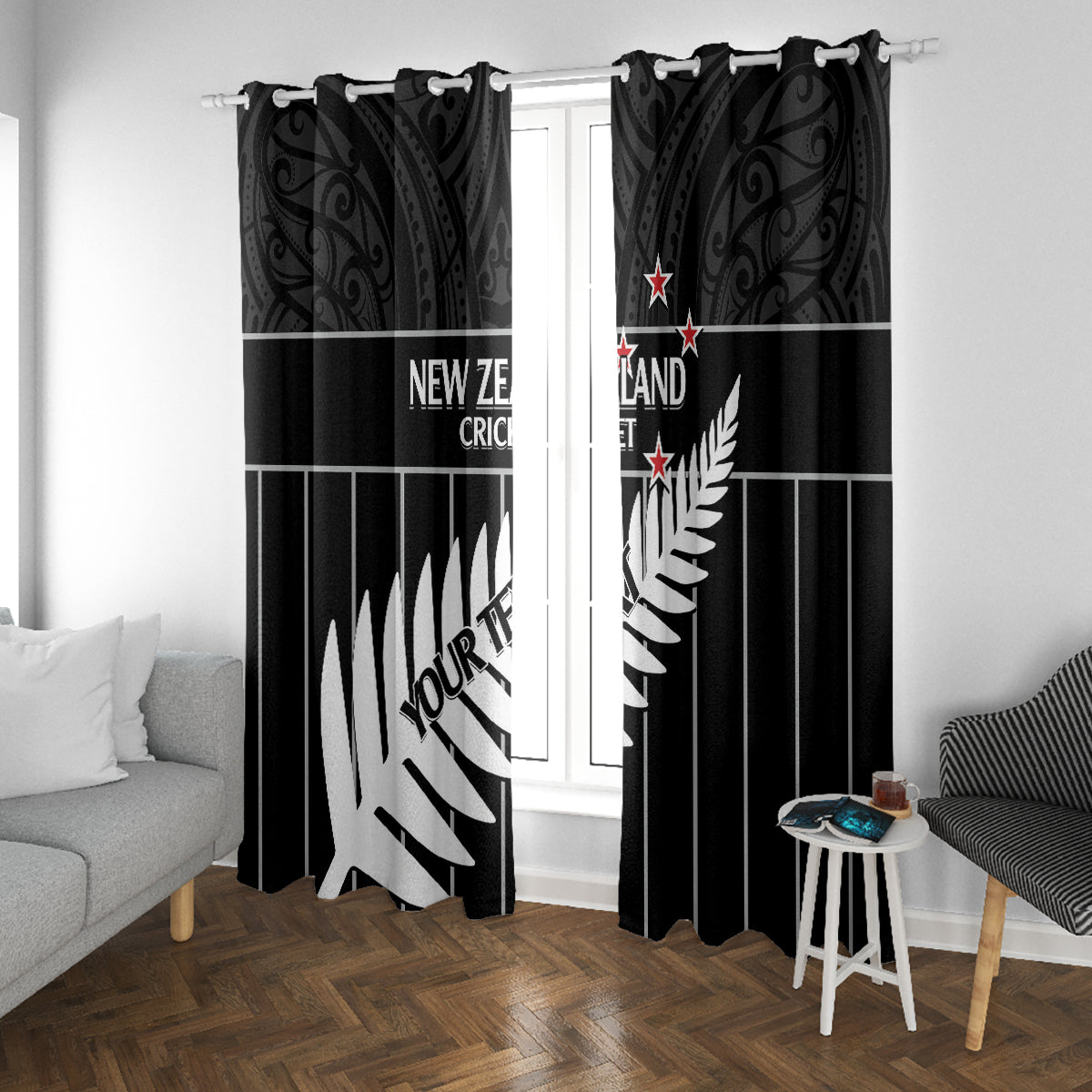 Custom New Zealand Silver Fern Cricket Window Curtain Aotearoa Maori Go Black Cap LT14 With Grommets Black - Polynesian Pride