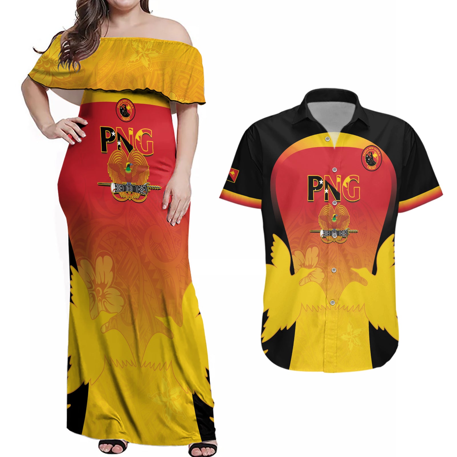 Custom Papua New Guinea Cricket Couples Matching Off Shoulder Maxi Dress and Hawaiian Shirt 2024 Go PNG