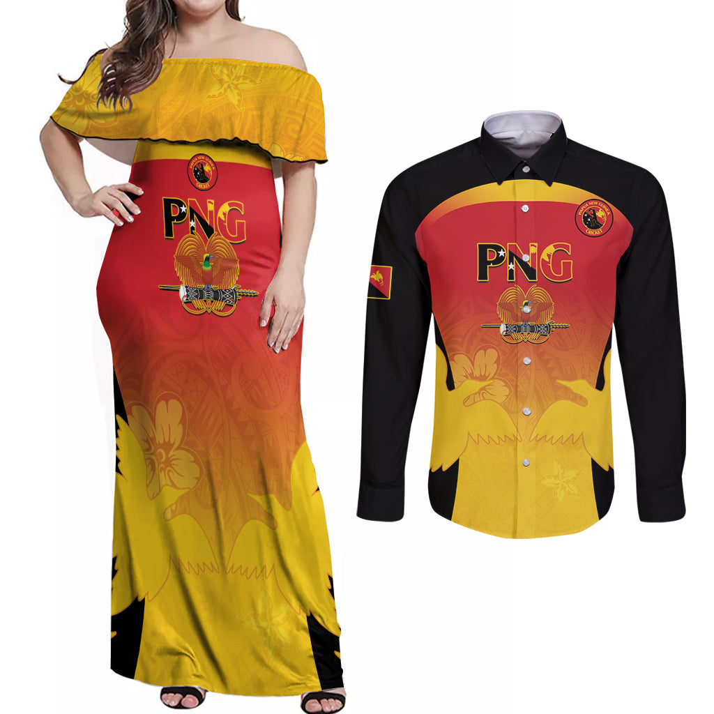 Custom Papua New Guinea Cricket Couples Matching Off Shoulder Maxi Dress and Long Sleeve Button Shirt 2024 Go PNG LT14 Black - Polynesian Pride