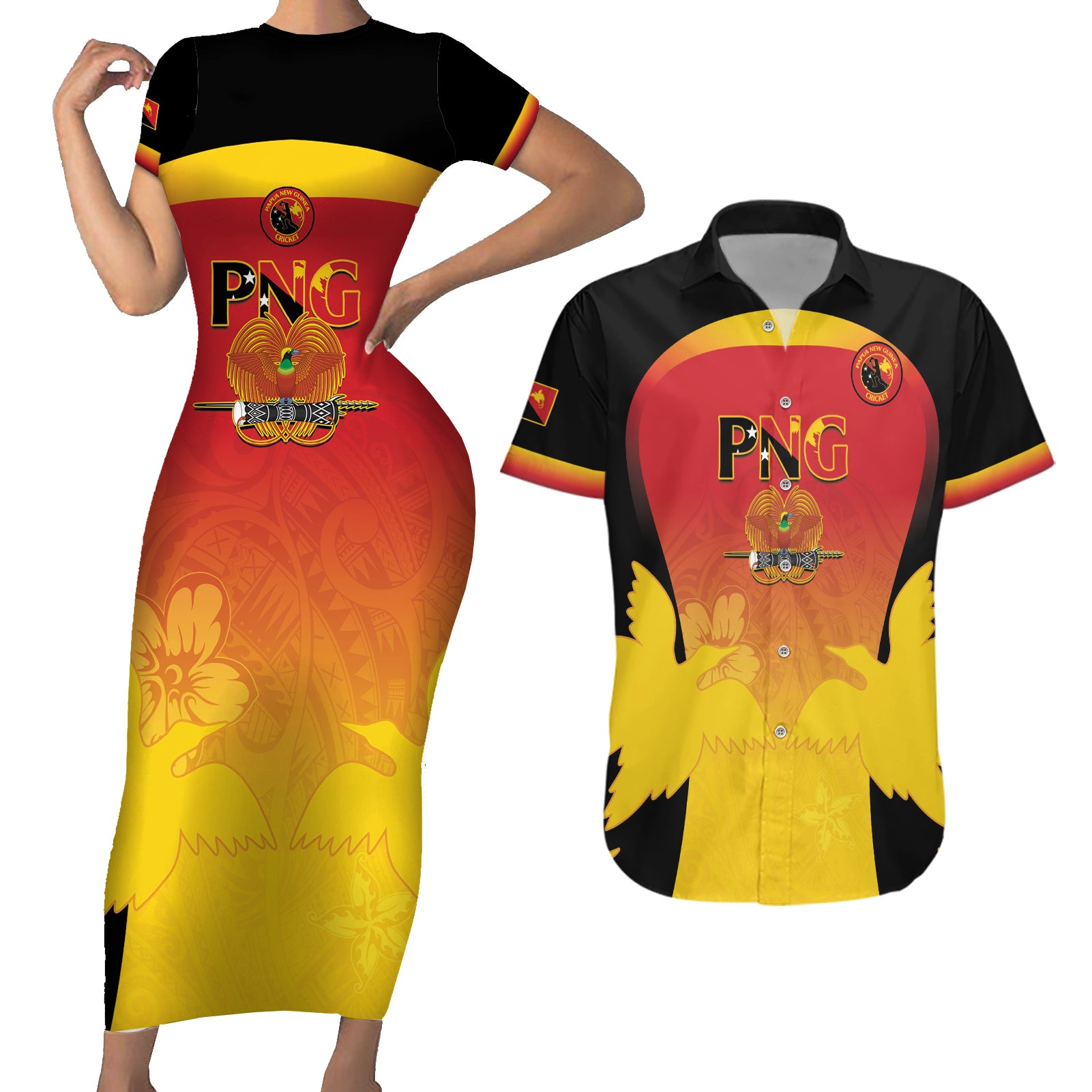 Custom Papua New Guinea Cricket Couples Matching Short Sleeve Bodycon Dress and Hawaiian Shirt 2024 Go PNG