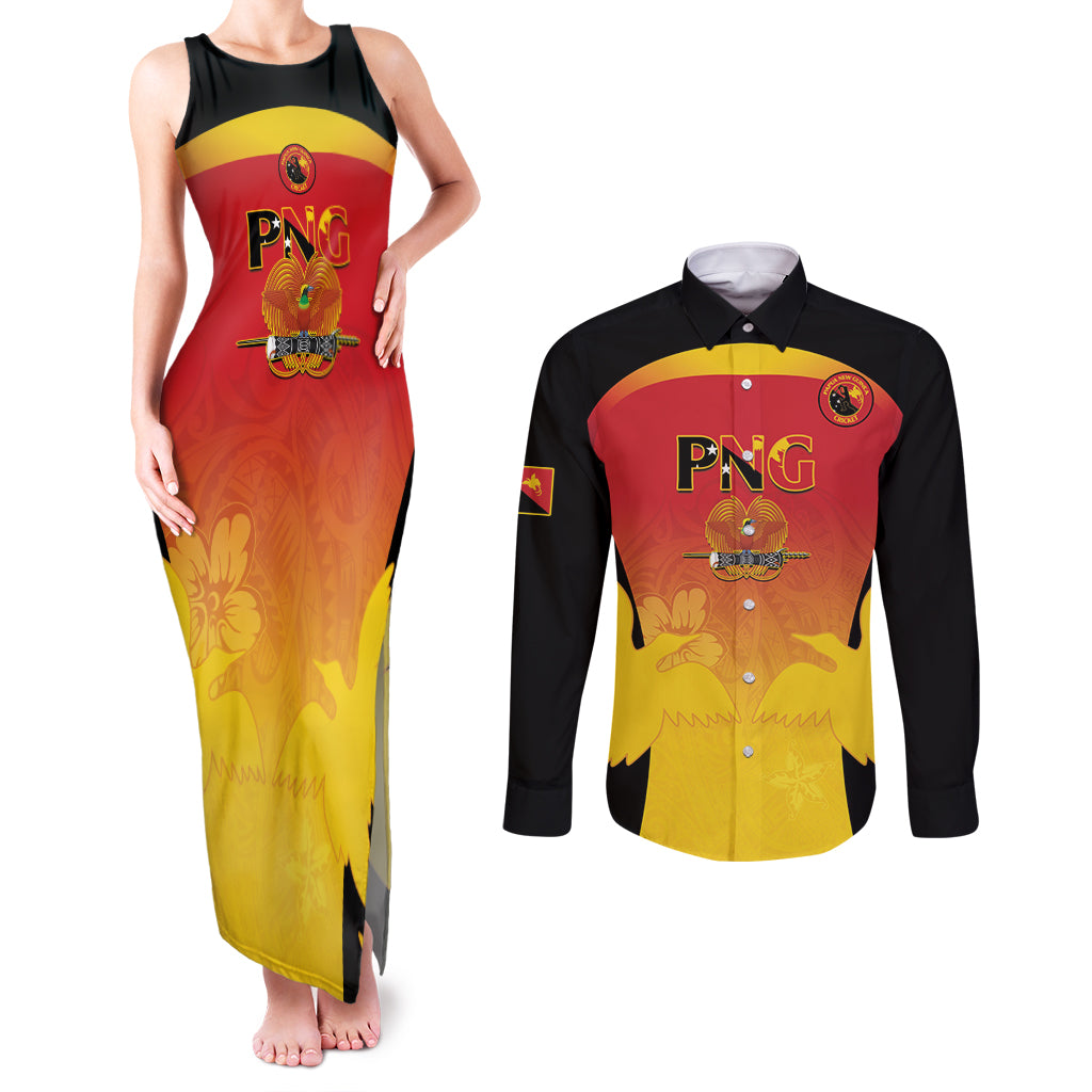 Custom Papua New Guinea Cricket Couples Matching Tank Maxi Dress and Long Sleeve Button Shirt 2024 Go PNG LT14 Black - Polynesian Pride
