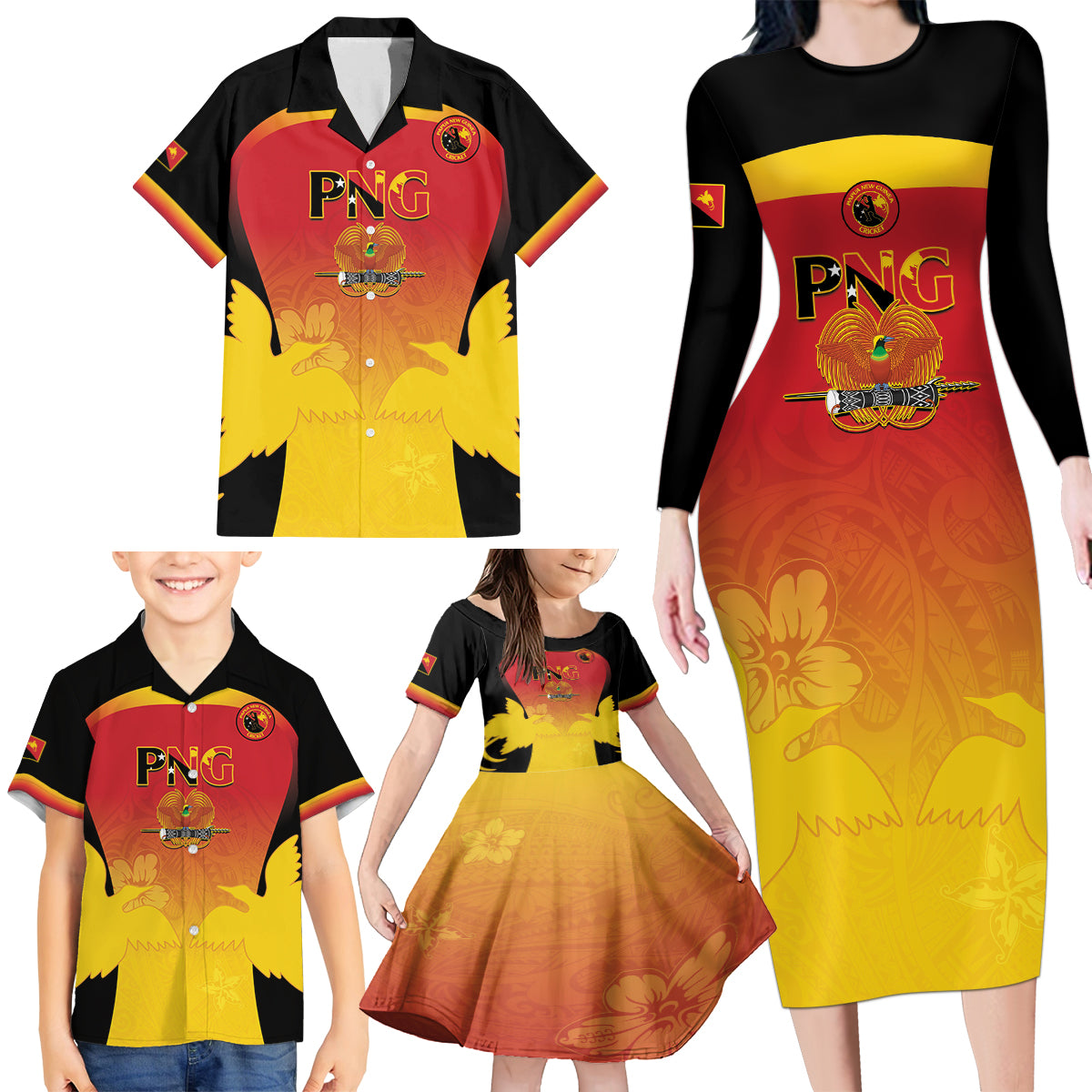 Custom Papua New Guinea Cricket Family Matching Long Sleeve Bodycon Dress and Hawaiian Shirt 2024 Go PNG