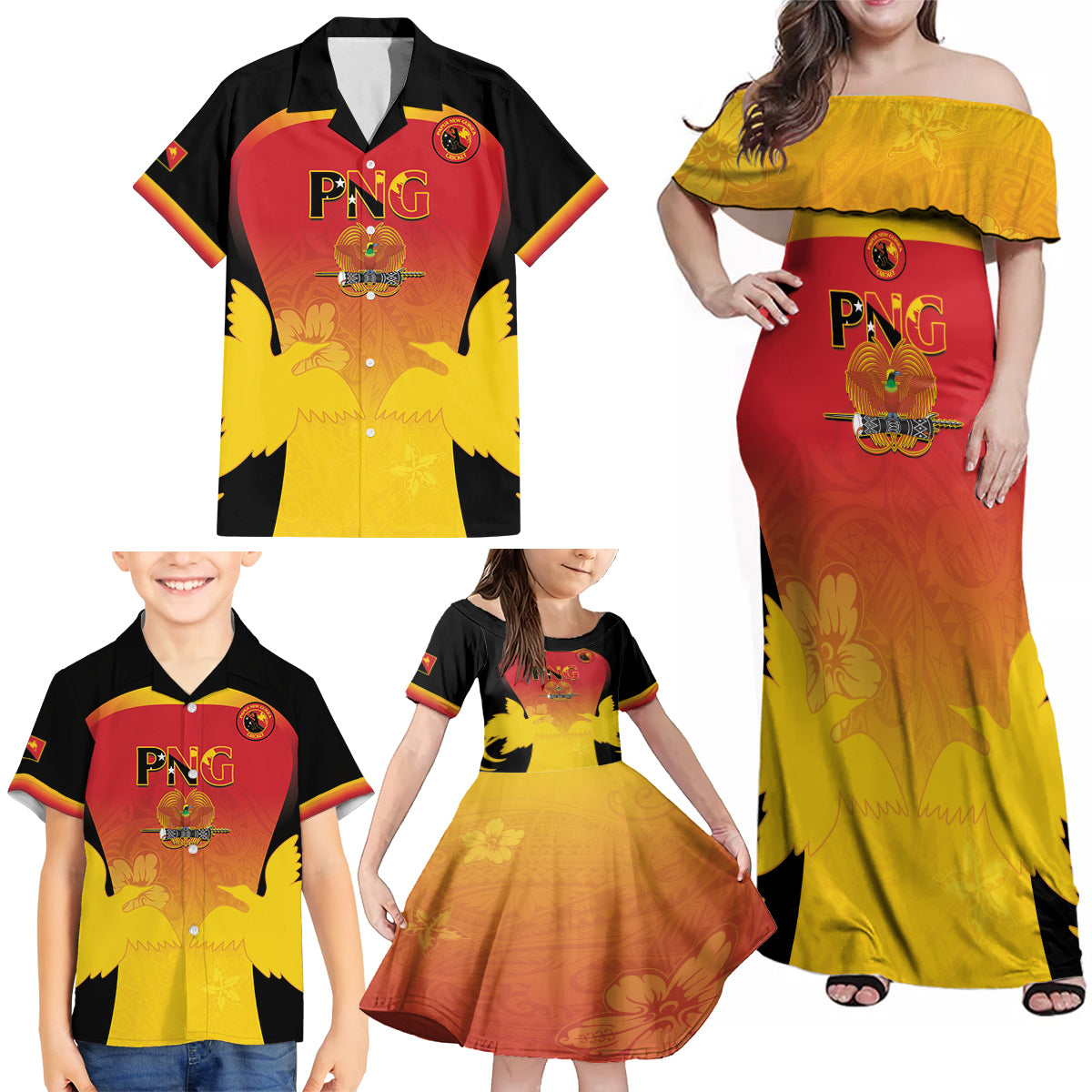 Custom Papua New Guinea Cricket Family Matching Off Shoulder Maxi Dress and Hawaiian Shirt 2024 Go PNG LT14 - Polynesian Pride