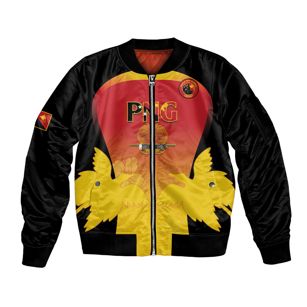 Custom Papua New Guinea Cricket Sleeve Zip Bomber Jacket 2024 Go PNG LT14 Unisex Black - Polynesian Pride