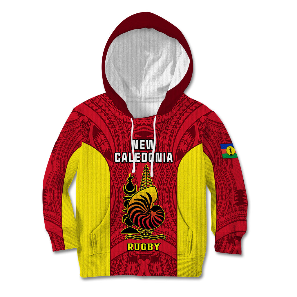 New Caledonia Rugby Kid Hoodie Coat Of Arms Mix Polynesian Pattern LT14 Hoodie Red - Polynesian Pride