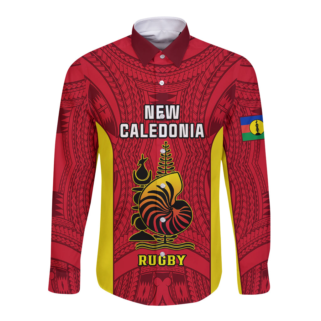 New Caledonia Rugby Long Sleeve Button Shirt Coat Of Arms Mix Polynesian Pattern LT14 Unisex Red - Polynesian Pride