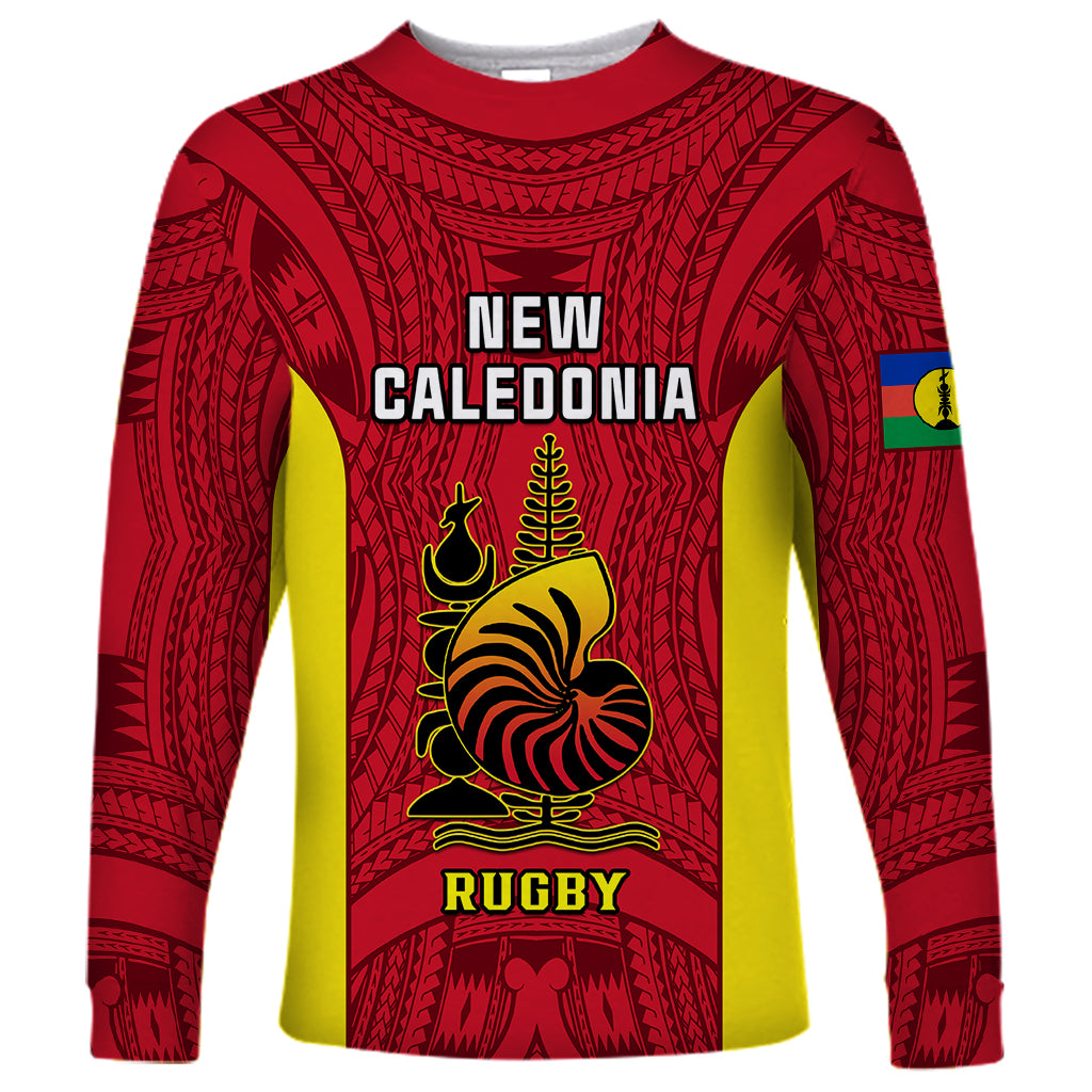 New Caledonia Rugby Long Sleeve Shirt Coat Of Arms Mix Polynesian Pattern LT14 Unisex Red - Polynesian Pride