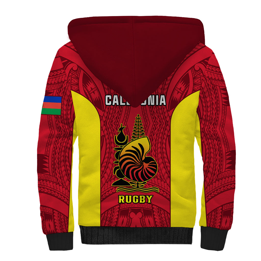 New Caledonia Rugby Sherpa Hoodie Coat Of Arms Mix Polynesian Pattern LT14 - Polynesian Pride