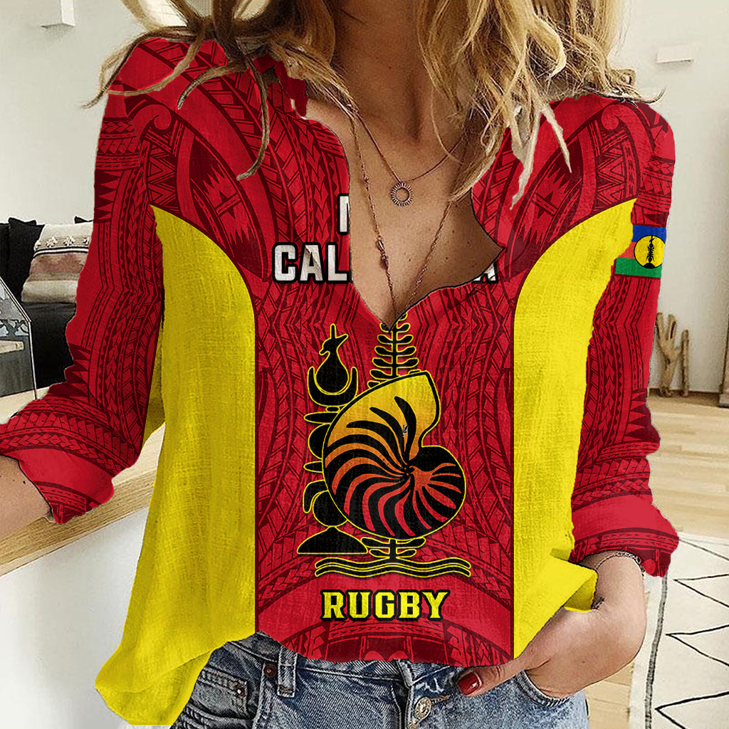 New Caledonia Rugby Women Casual Shirt Coat Of Arms Mix Polynesian Pattern LT14 Female Red - Polynesian Pride