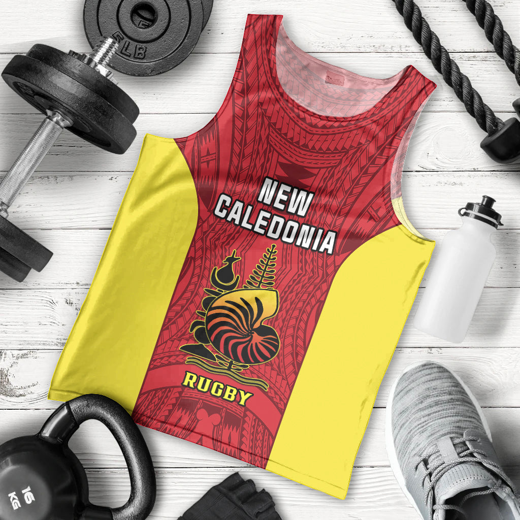 Personalised New Caledonia Rugby Men Tank Top Coat Of Arms Mix Polynesian Pattern LT14 Red - Polynesian Pride