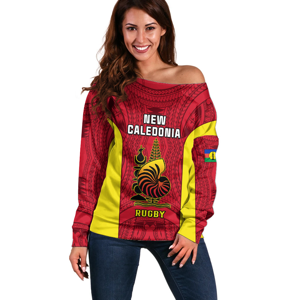 Personalised New Caledonia Rugby Off Shoulder Sweater Coat Of Arms Mix Polynesian Pattern LT14 Women Red - Polynesian Pride