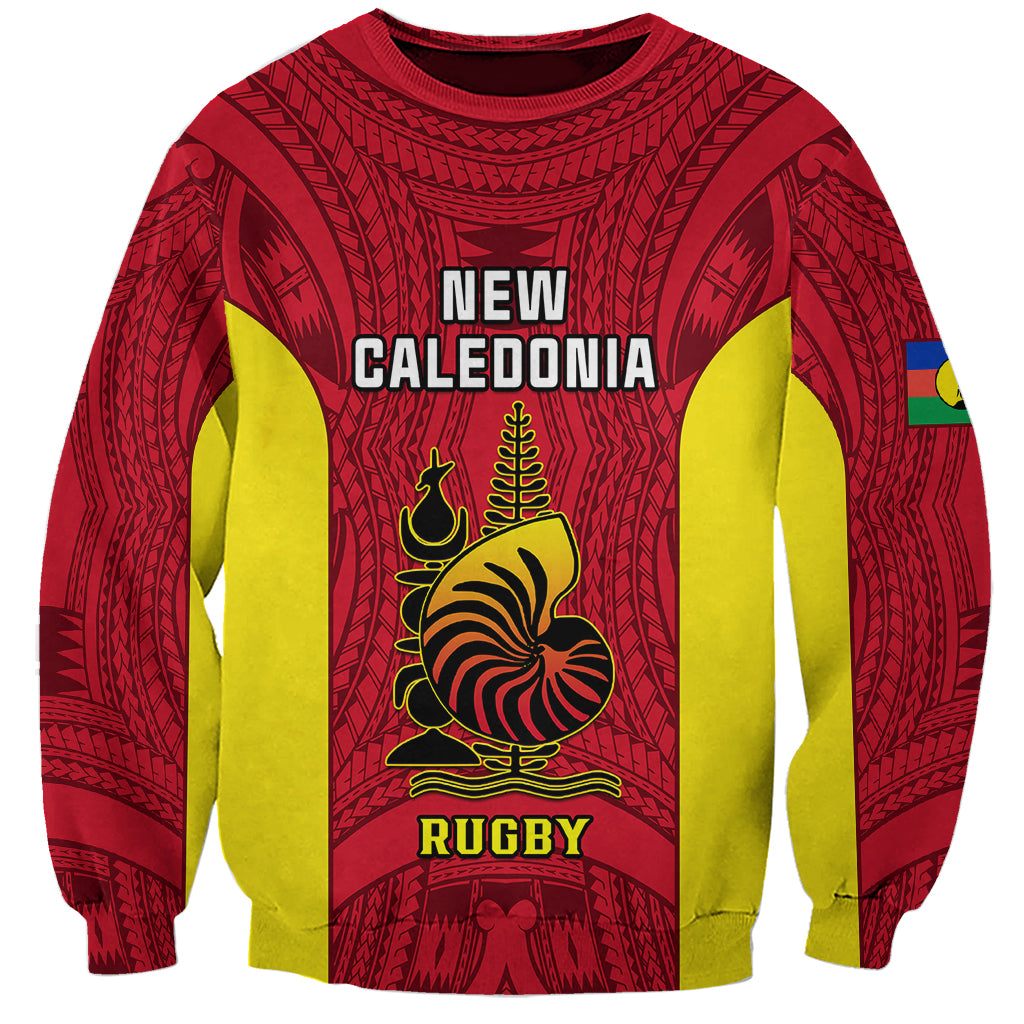 Personalised New Caledonia Rugby Sweatshirt Coat Of Arms Mix Polynesian Pattern LT14 Unisex Red - Polynesian Pride