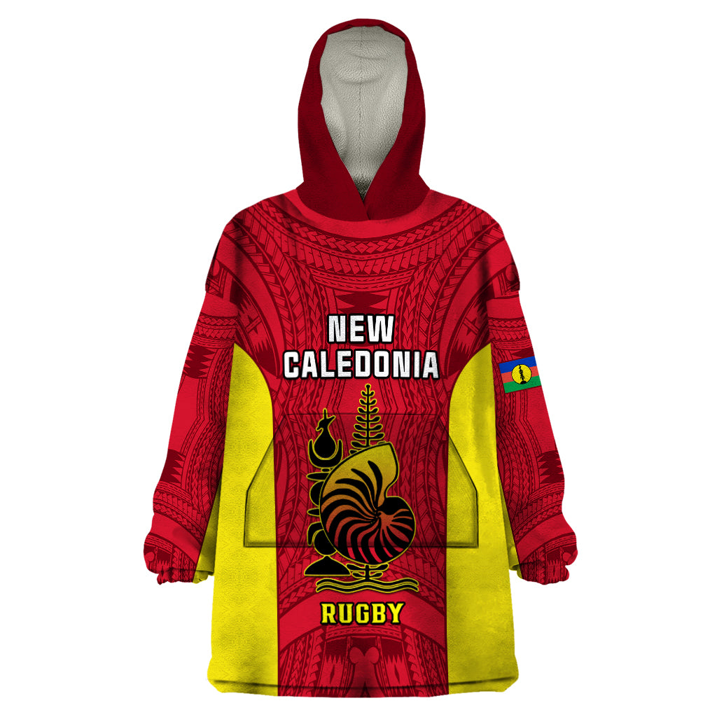 Personalised New Caledonia Rugby Wearable Blanket Hoodie Coat Of Arms Mix Polynesian Pattern LT14 One Size Red - Polynesian Pride