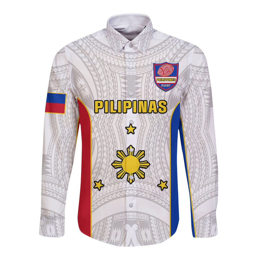 Personalised Philippines Rugby Long Sleeve Button Shirt Pacific Pilipinas Go Tamaraws LT14 Unisex White - Polynesian Pride