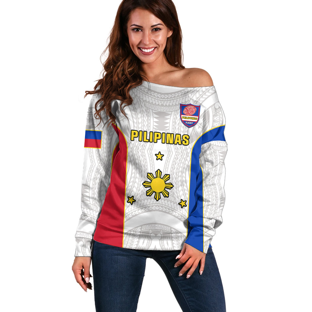 Personalised Philippines Rugby Off Shoulder Sweater Pacific Pilipinas Go Tamaraws LT14 Women White - Polynesian Pride