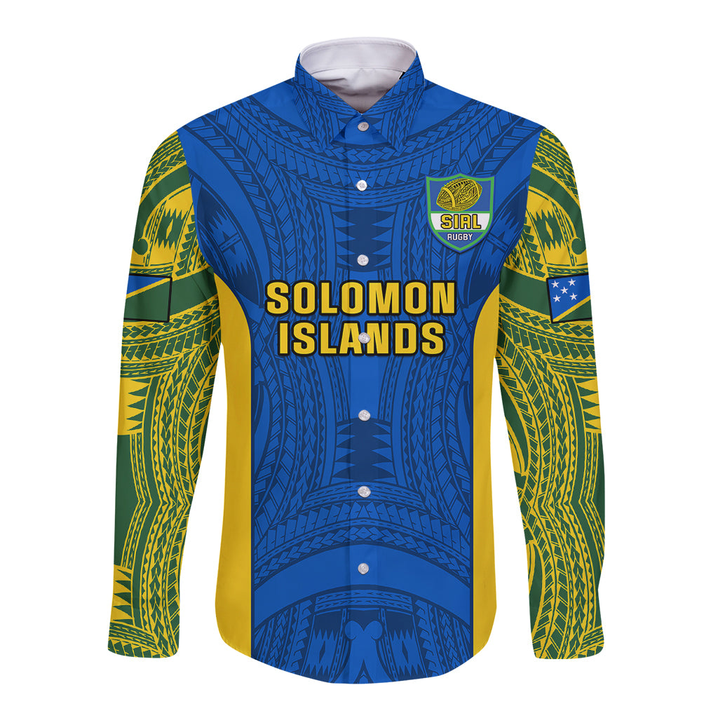Personalised Solomon Islands Rugby Long Sleeve Button Shirt Pacific Go Solies LT14 Unisex Blue - Polynesian Pride