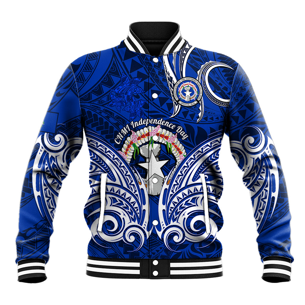 Personalised Independence Day CNMI Baseball Jacket Northern Mariana Islands Tribal Tattoo Pattern LT14 Unisex Blue - Polynesian Pride