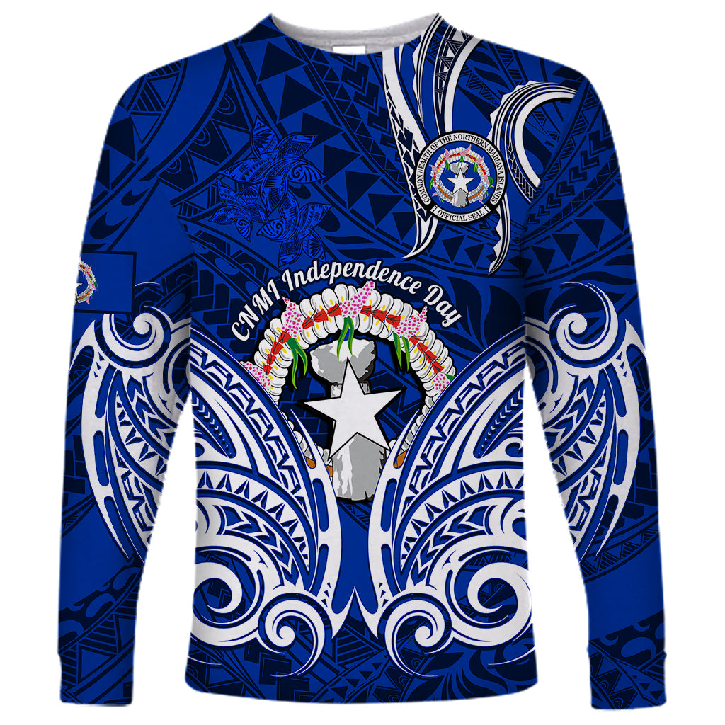 Personalised Independence Day CNMI Long Sleeve Shirt Northern Mariana Islands Tribal Tattoo Pattern LT14 Unisex Blue - Polynesian Pride