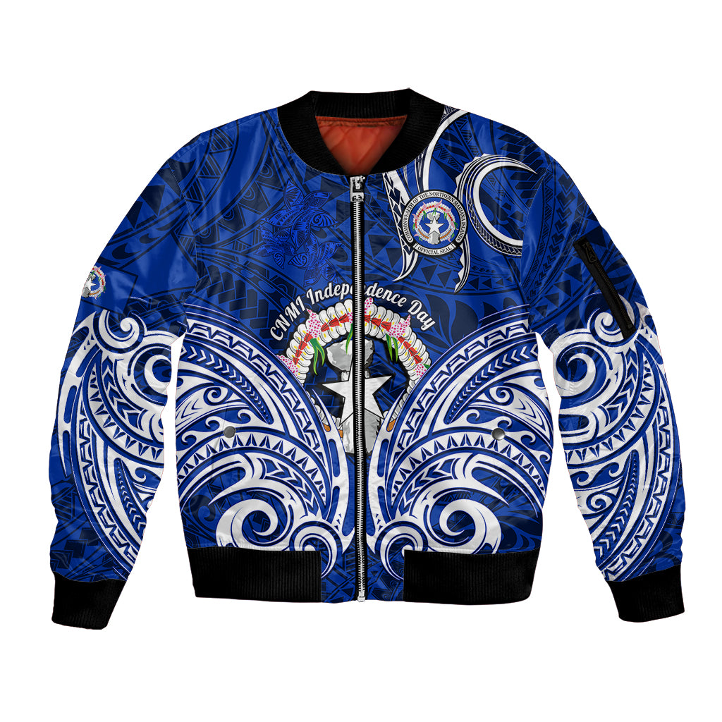 Personalised Independence Day CNMI Sleeve Zip Bomber Jacket Northern Mariana Islands Tribal Tattoo Pattern LT14 Unisex Blue - Polynesian Pride