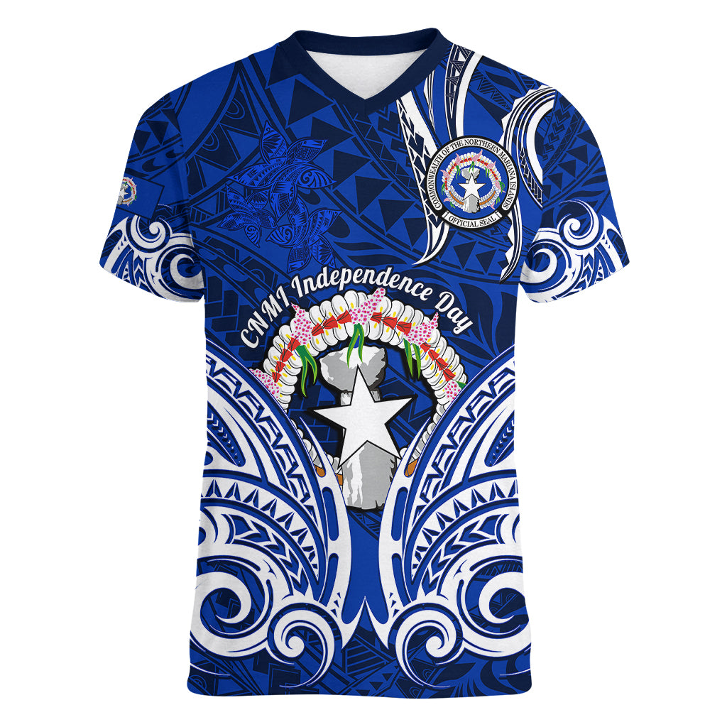 Personalised Independence Day CNMI Women V Neck T Shirt Northern Mariana Islands Tribal Tattoo Pattern LT14 Female Blue - Polynesian Pride