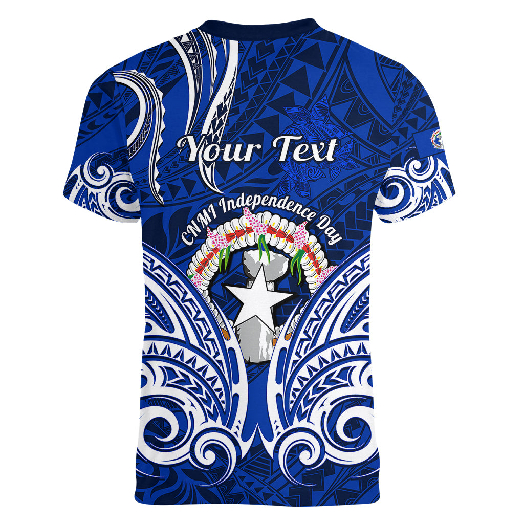 Personalised Independence Day CNMI Women V Neck T Shirt Northern Mariana Islands Tribal Tattoo Pattern LT14 - Polynesian Pride