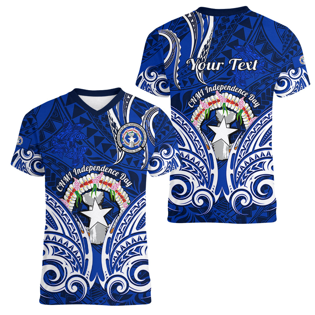 Personalised Independence Day CNMI Women V Neck T Shirt Northern Mariana Islands Tribal Tattoo Pattern LT14 - Polynesian Pride