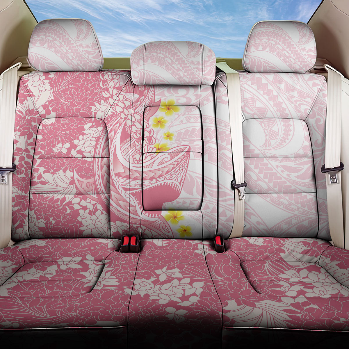 Pink Hawaii Shark Tattoo Back Car Seat Cover Puakenikeni Lei Plumeria Polynesian Pattern LT14 One Size Pink - Polynesian Pride