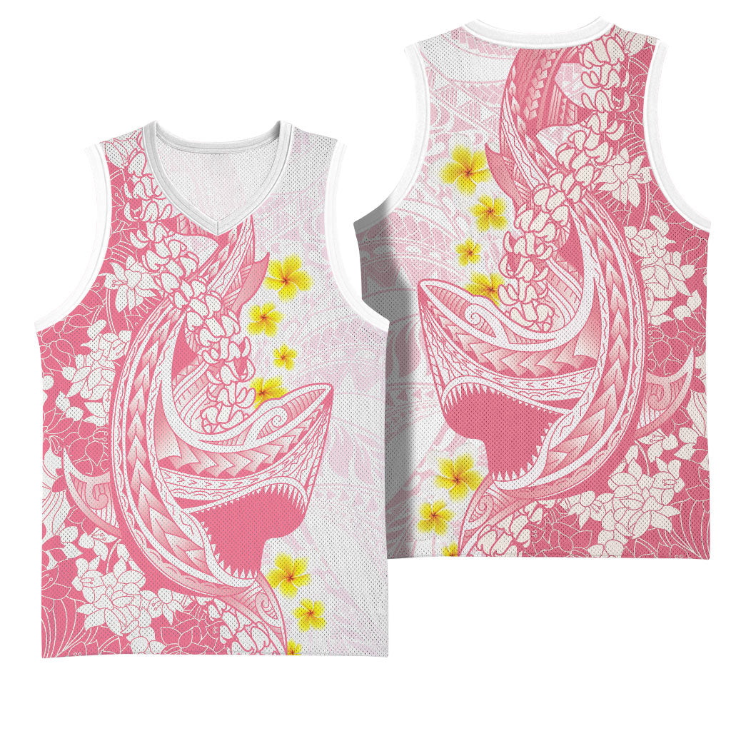 Pink Hawaii Shark Tattoo Basketball Jersey Puakenikeni Lei Plumeria Polynesian Pattern LT14 - Polynesian Pride