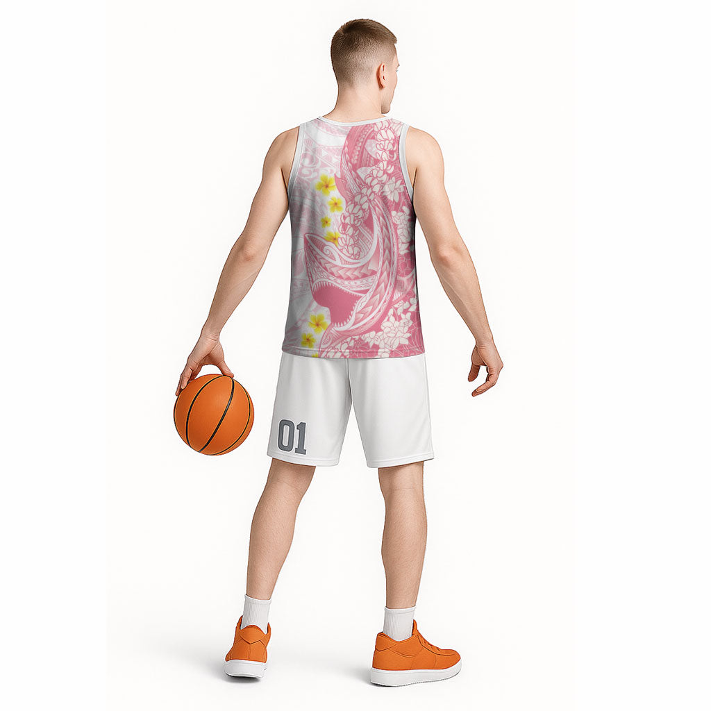 Pink Hawaii Shark Tattoo Basketball Jersey Puakenikeni Lei Plumeria Polynesian Pattern LT14 - Polynesian Pride