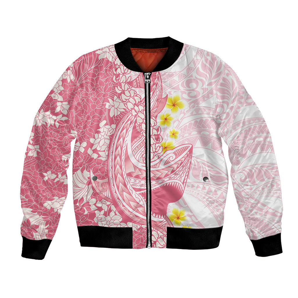 Pink Hawaii Shark Tattoo Bomber Jacket Puakenikeni Lei Plumeria Polynesian Pattern