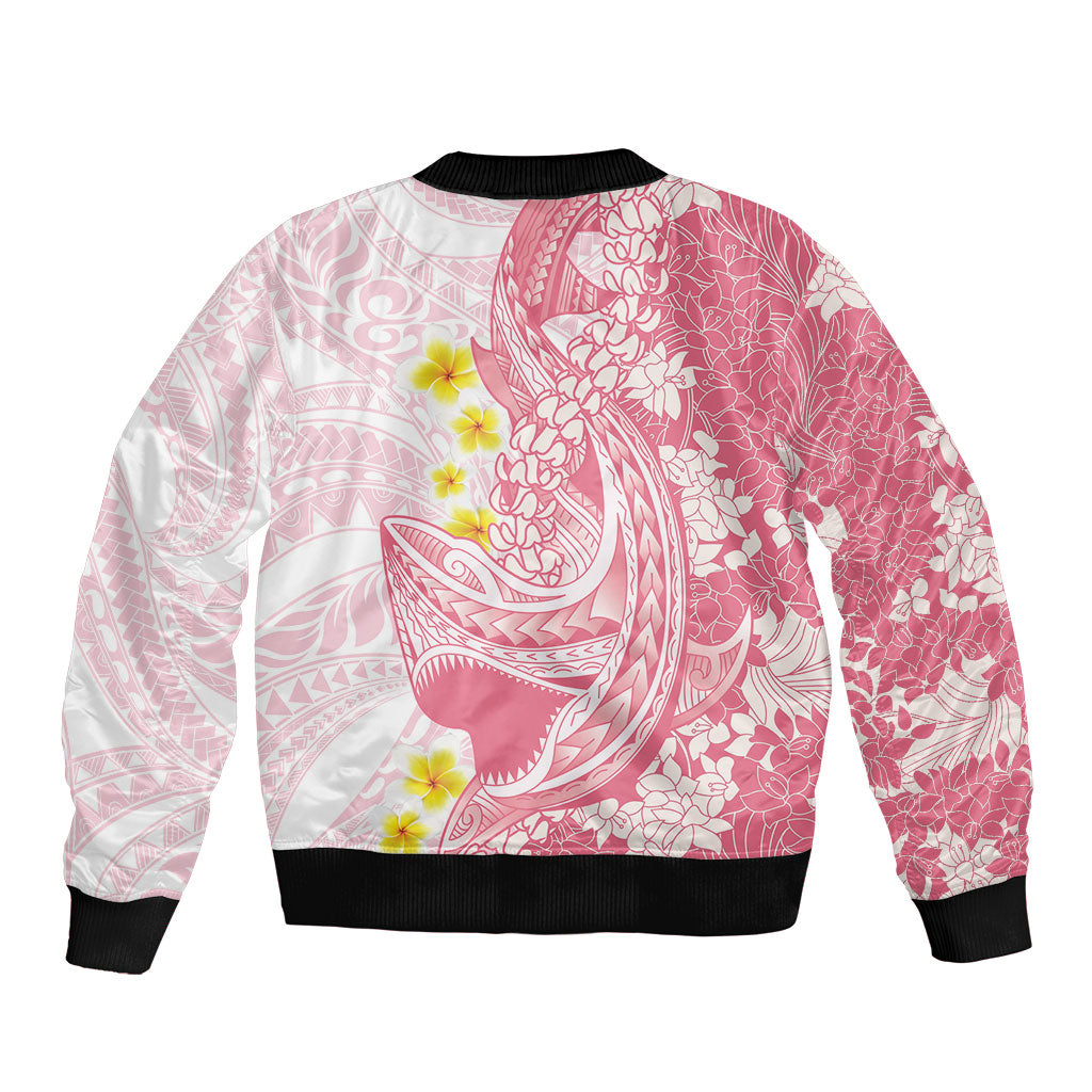 Pink Hawaii Shark Tattoo Bomber Jacket Puakenikeni Lei Plumeria Polynesian Pattern